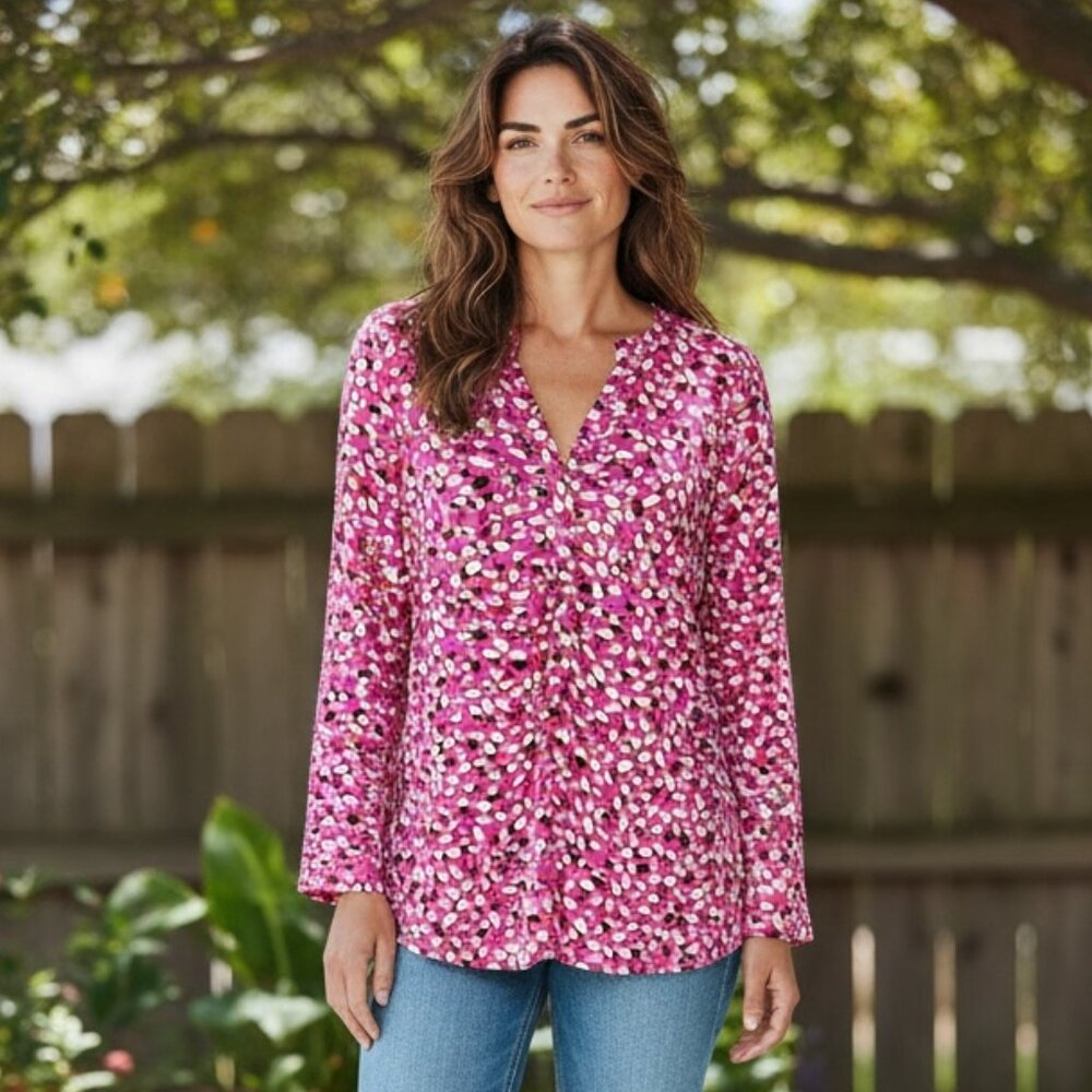 Ann Taylor Roll Tab Sleeve V-Neck Tunic Top Sz M Pink‎ Multi #359C